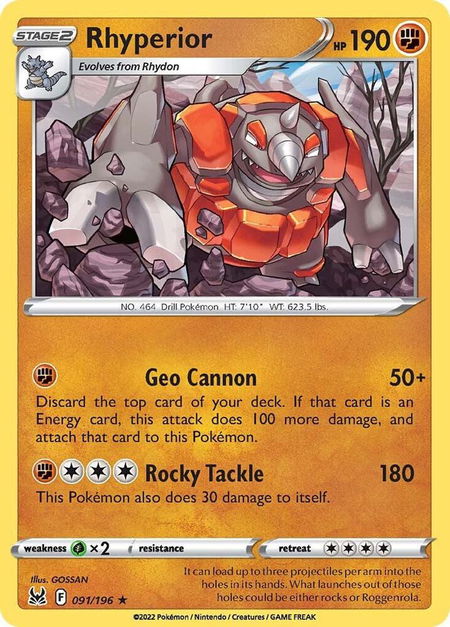 Rhyperior trading card from SWSH11: Lost Origin Rhyperior - SWSH11: Lost Origin Pokémon trading card