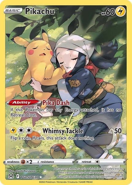 Pikachu trading card from SWSH11: Lost Origin Trainer Gallery Pikachu - SWSH11: Lost Origin Trainer Gallery Pokémon trading card