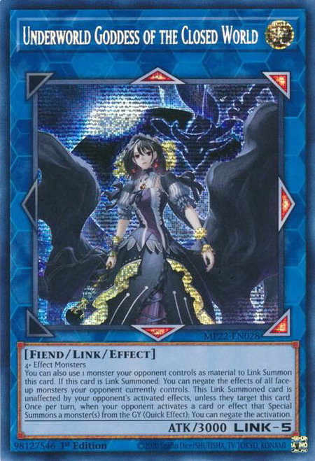 Underworld Goddess of the Closed World trading card from 2022 Tin of the Pharaoh's Gods Underworld Goddess of the Closed World - 2022 Tin of the Pharaoh's Gods YuGiOh trading card