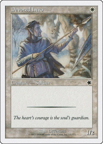 Devoted Hero trading card from Starter 1999 Devoted Hero - Starter 1999 Magic: The Gathering trading card