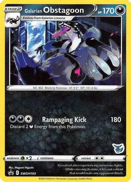 Galarian Obstagoon - SWSH193 (Eevee Stamped) trading card from Battle Academy 2022 Galarian Obstagoon - SWSH193 (Eevee Stamped) - Battle Academy 2022 Pokémon trading card