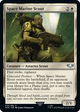 Space Marine Scout (Surge Foil) trading card from Universes Beyond: Warhammer 40,000 Space Marine Scout (Surge Foil) - Universes Beyond: Warhammer 40,000 Magic: The Gathering trading card