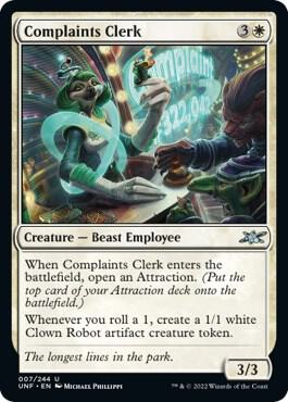 Complaints Clerk trading card from Unfinity Complaints Clerk - Unfinity Magic: The Gathering trading card