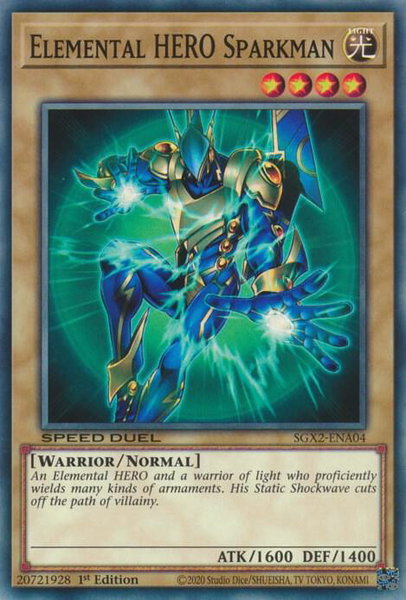 Elemental HERO Sparkman trading card from Speed Duel GX: Midterm Paradox Elemental HERO Sparkman - Speed Duel GX: Midterm Paradox YuGiOh trading card