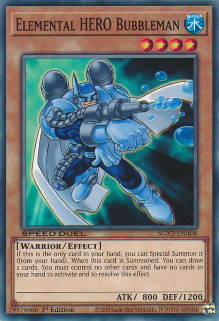 Elemental HERO Bubbleman trading card from Speed Duel GX: Midterm Paradox Elemental HERO Bubbleman - Speed Duel GX: Midterm Paradox YuGiOh trading card