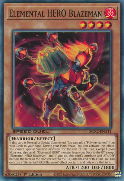 Elemental HERO Blazeman trading card from Speed Duel GX: Midterm Paradox Elemental HERO Blazeman - Speed Duel GX: Midterm Paradox YuGiOh trading card
