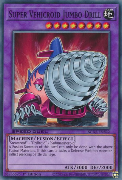 Super Vehicroid Jumbo Drill trading card from Speed Duel GX: Midterm Paradox Super Vehicroid Jumbo Drill - Speed Duel GX: Midterm Paradox YuGiOh trading card