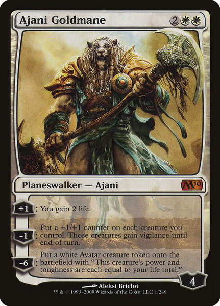 Ajani Goldmane trading card from Magic 2010 (M10) Ajani Goldmane - Magic 2010 (M10) Magic: The Gathering trading card