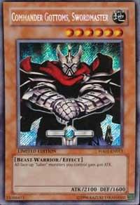 Commander Gottoms, Swordmaster trading card from Hidden Arsenal Commander Gottoms, Swordmaster - Hidden Arsenal YuGiOh trading card