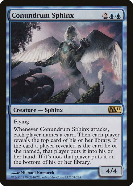 Conundrum Sphinx trading card from Magic 2011 (M11) Conundrum Sphinx - Magic 2011 (M11) Magic: The Gathering trading card