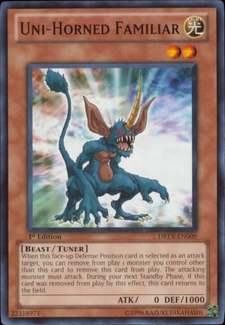 Uni-Horned Familiar trading card from Duelist Revolution Uni-Horned Familiar - Duelist Revolution YuGiOh trading card