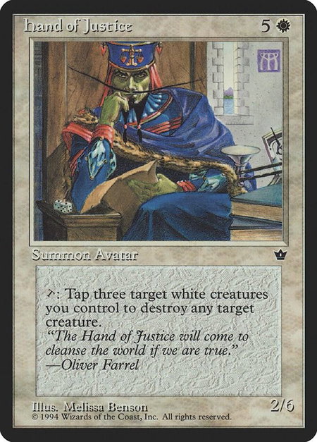 Hand of Justice trading card from Fallen Empires Hand of Justice - Fallen Empires Magic: The Gathering trading card