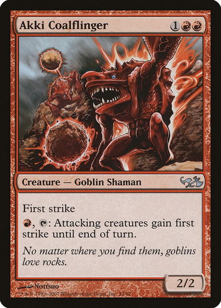 Akki Coalflinger trading card from Duel Decks: Elves vs. Goblins Akki Coalflinger - Duel Decks: Elves vs. Goblins Magic: The Gathering trading card