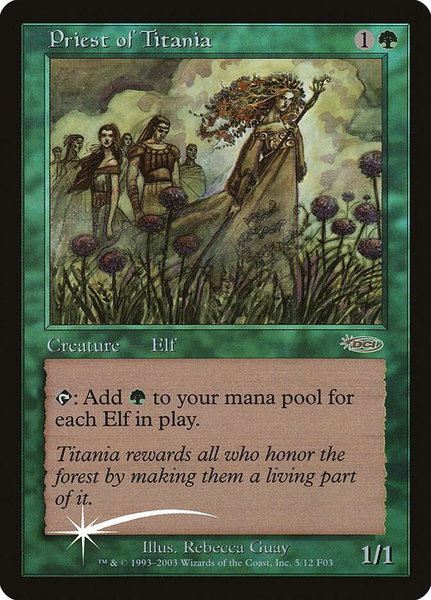 Priest of Titania trading card from FNM Promos Priest of Titania - FNM Promos Magic: The Gathering trading card