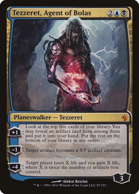 Tezzeret, Agent of Bolas trading card from Mirrodin Besieged Tezzeret, Agent of Bolas - Mirrodin Besieged Magic: The Gathering trading card