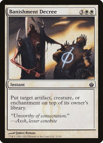 Banishment Decree trading card from Mirrodin Besieged Banishment Decree - Mirrodin Besieged Magic: The Gathering trading card