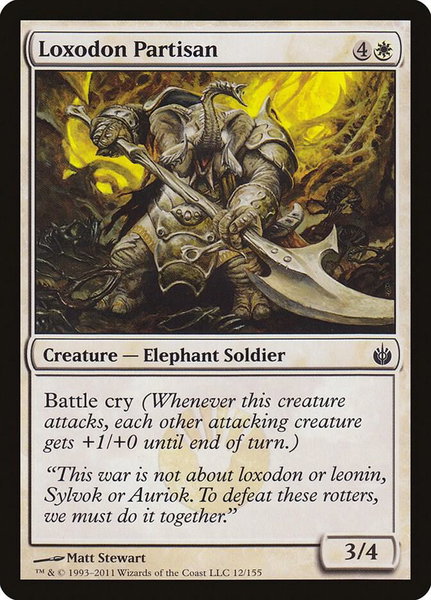 Loxodon Partisan trading card from Mirrodin Besieged Loxodon Partisan - Mirrodin Besieged Magic: The Gathering trading card