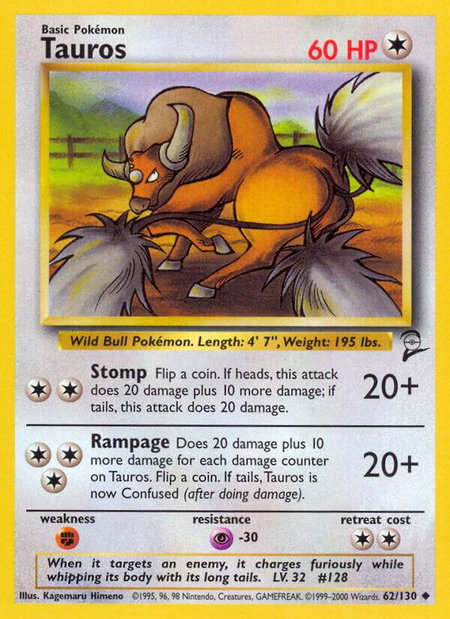 Tauros trading card from Base Set 2 Tauros - Base Set 2 Pokémon trading card
