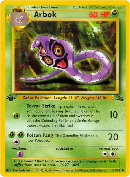Arbok trading card from Fossil Arbok - Fossil Pokémon trading card