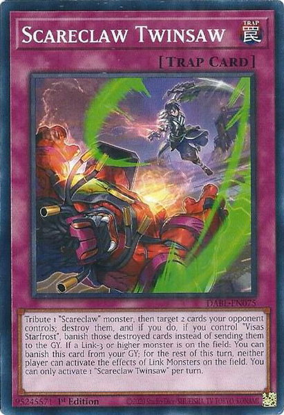 Scareclaw Twinsaw trading card from Darkwing Blast Scareclaw Twinsaw - Darkwing Blast YuGiOh trading card