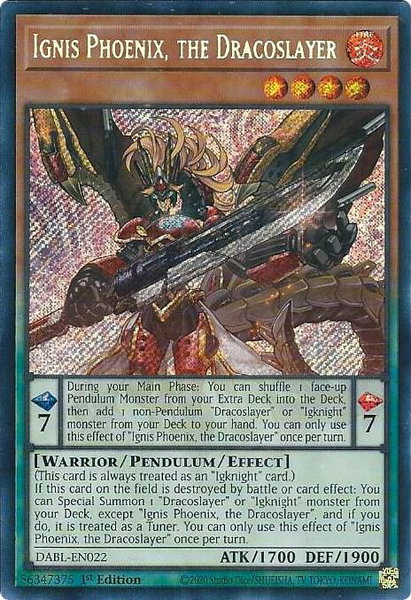 Ignis Phoenix, the Dracoslayer trading card from Darkwing Blast Ignis Phoenix, the Dracoslayer - Darkwing Blast YuGiOh trading card