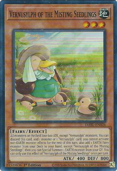 Vernusylph of the Misting Seedlings trading card from Darkwing Blast Vernusylph of the Misting Seedlings - Darkwing Blast YuGiOh trading card