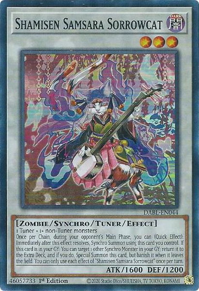 Shamisen Samsara Sorrowcat trading card from Darkwing Blast Shamisen Samsara Sorrowcat - Darkwing Blast YuGiOh trading card