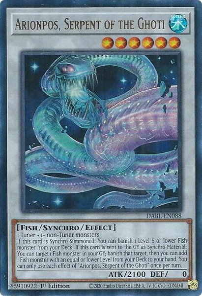 Arionpos, Serpent of the Ghoti trading card from Darkwing Blast Arionpos, Serpent of the Ghoti - Darkwing Blast YuGiOh trading card