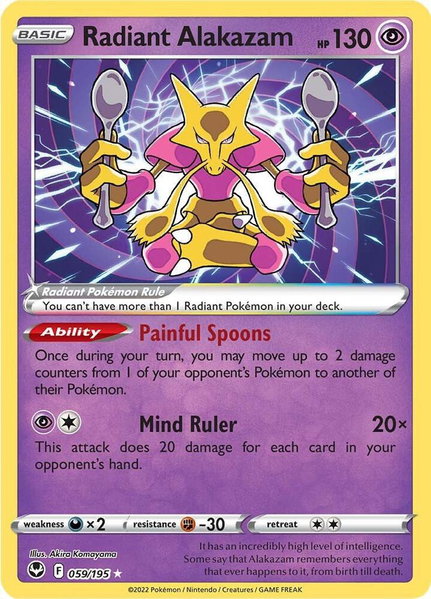 Radiant Alakazam trading card from SWSH12: Silver Tempest Radiant Alakazam - SWSH12: Silver Tempest Pokémon trading card