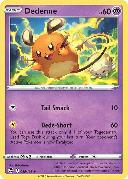 Dedenne trading card from SWSH12: Silver Tempest Dedenne - SWSH12: Silver Tempest Pokémon trading card