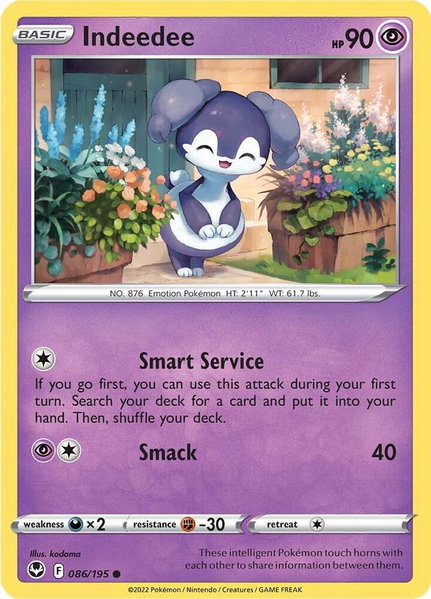 Indeedee trading card from SWSH12: Silver Tempest Indeedee - SWSH12: Silver Tempest Pokémon trading card
