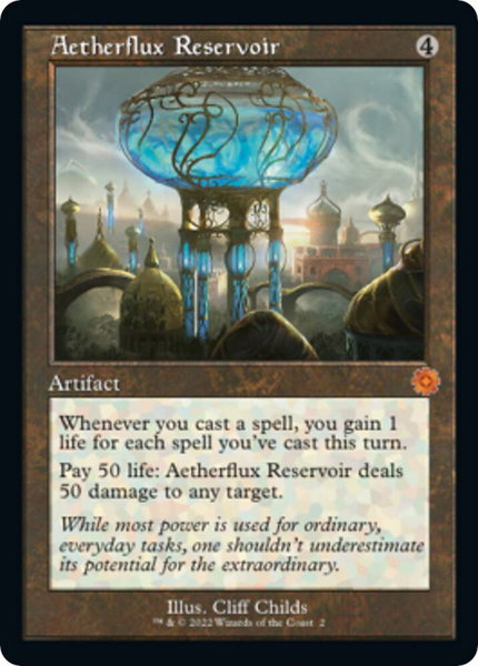 Aetherflux Reservoir trading card from The Brothers' War: Retro Frame Artifacts Aetherflux Reservoir - The Brothers' War: Retro Frame Artifacts Magic: The Gathering trading card