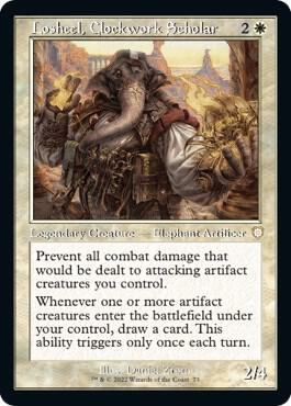 Losheel, Clockwork Scholar (Retro Frame) trading card from Commander: The Brothers' War Losheel, Clockwork Scholar (Retro Frame) - Commander: The Brothers' War Magic: The Gathering trading card