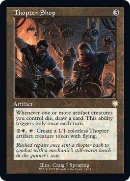 Thopter Shop (Retro Frame) trading card from Commander: The Brothers' War Thopter Shop (Retro Frame) - Commander: The Brothers' War Magic: The Gathering trading card