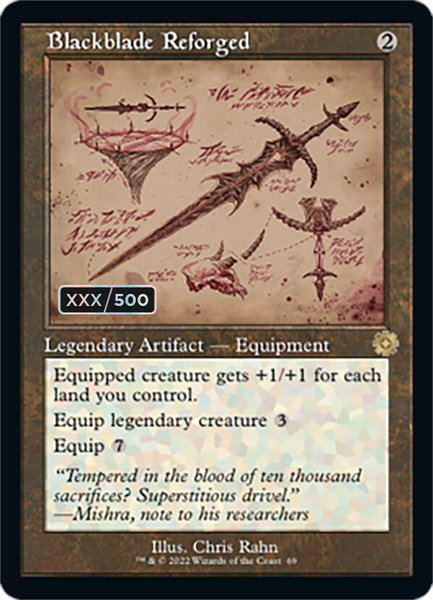 Blackblade Reforged (Schematic) (Serial Numbered) trading card from The Brothers' War: Retro Frame Artifacts Blackblade Reforged (Schematic) (Serial Numbered) - The Brothers' War: Retro Frame Artifacts Magic: The Gathering trading card