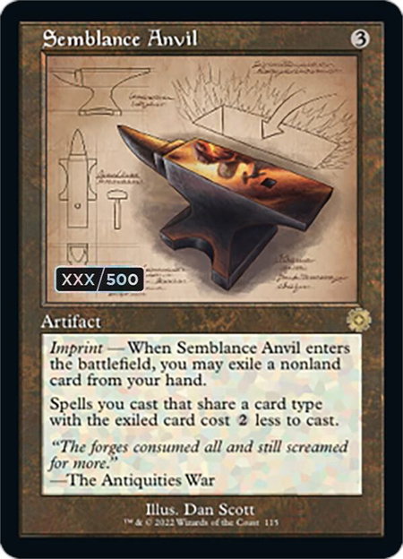 Semblance Anvil (Schematic) (Serial Numbered) trading card from The Brothers' War: Retro Frame Artifacts Semblance Anvil (Schematic) (Serial Numbered) - The Brothers' War: Retro Frame Artifacts Magic: The Gathering trading card