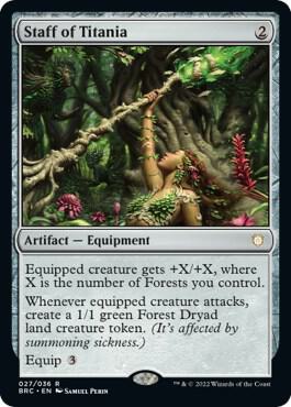 Staff of Titania trading card from Commander: The Brothers' War Staff of Titania - Commander: The Brothers' War Magic: The Gathering trading card