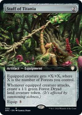Staff of Titania (Extended Art) trading card from Commander: The Brothers' War Staff of Titania (Extended Art) - Commander: The Brothers' War Magic: The Gathering trading card