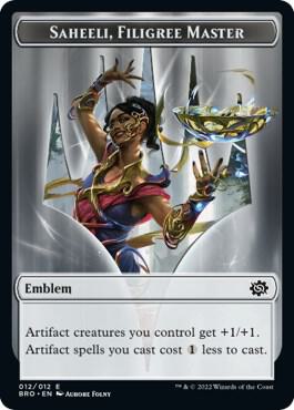 Emblem - Saheeli, Filigree Master trading card from The Brothers' War Emblem - Saheeli, Filigree Master - The Brothers' War Magic: The Gathering trading card