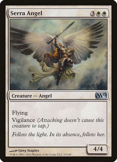 Serra Angel trading card from Magic 2012 (M12) Serra Angel - Magic 2012 (M12) Magic: The Gathering trading card