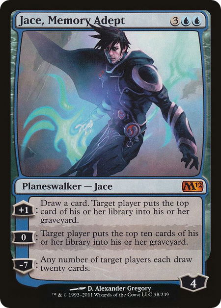 Jace, Memory Adept trading card from Magic 2012 (M12) Jace, Memory Adept - Magic 2012 (M12) Magic: The Gathering trading card
