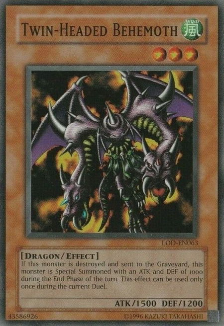 Twin-Headed Behemoth trading card from Legacy of Darkness (Worldwide English) Twin-Headed Behemoth - Legacy of Darkness (Worldwide English) YuGiOh trading card