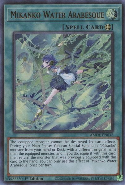 Mikanko Water Arabesque trading card from Amazing Defenders Mikanko Water Arabesque - Amazing Defenders YuGiOh trading card