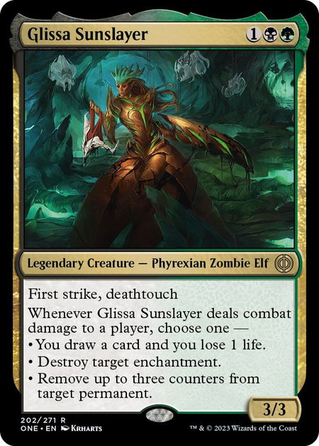 Glissa Sunslayer trading card from Phyrexia: All Will Be One Glissa Sunslayer - Phyrexia: All Will Be One Magic: The Gathering trading card