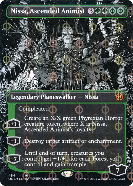 Nissa, Ascended Animist (Borderless) (Step-and-Compleat Foil) - Phyrexia: All Will Be One Magic: The Gathering trading card
