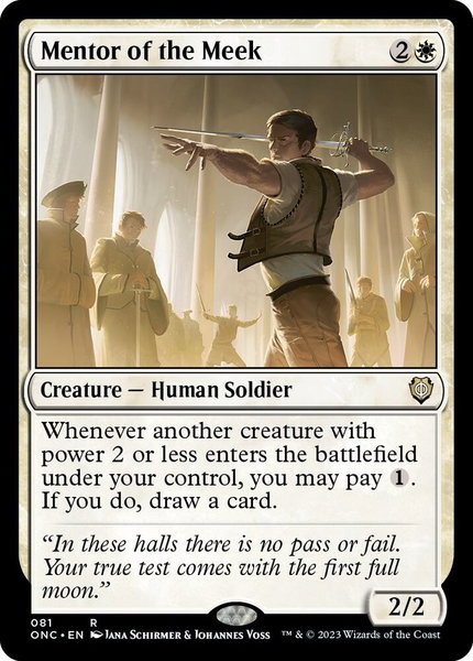 Mentor of the Meek trading card from Commander: Phyrexia: All Will Be One Mentor of the Meek - Commander: Phyrexia: All Will Be One Magic: The Gathering trading card