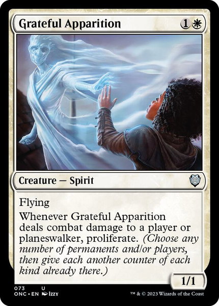 Grateful Apparition trading card from Commander: Phyrexia: All Will Be One Grateful Apparition - Commander: Phyrexia: All Will Be One Magic: The Gathering trading card