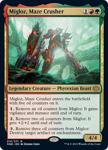 Migloz, Maze Crusher trading card from Phyrexia: All Will Be One Migloz, Maze Crusher - Phyrexia: All Will Be One Magic: The Gathering trading card