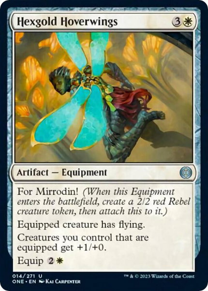 Hexgold Hoverwings trading card from Phyrexia: All Will Be One Hexgold Hoverwings - Phyrexia: All Will Be One Magic: The Gathering trading card