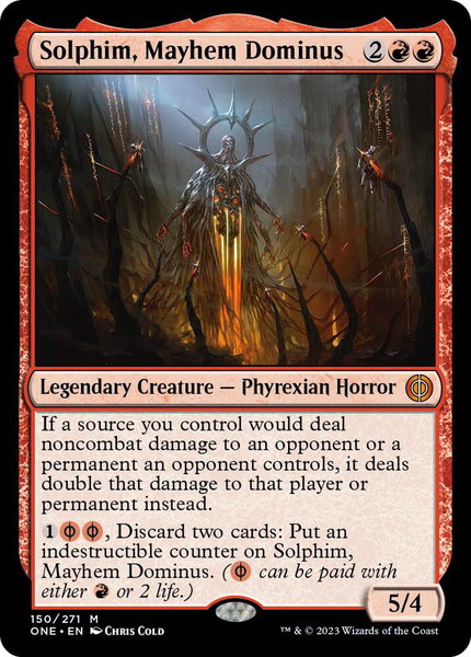 Solphim, Mayhem Dominus trading card from Phyrexia: All Will Be One Solphim, Mayhem Dominus - Phyrexia: All Will Be One Magic: The Gathering trading card